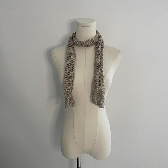Handmade Open Knit Skinny Scarf  | Neutral Taupe Boho Y2K - Picture 1 of 4